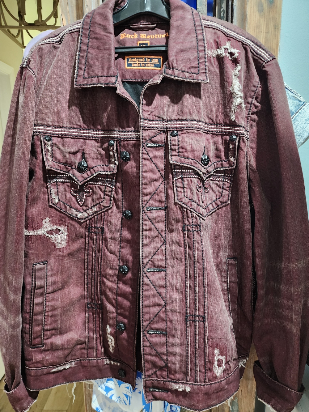 Rock Revival Men's Distressed Burgundy Button-Up Jacket